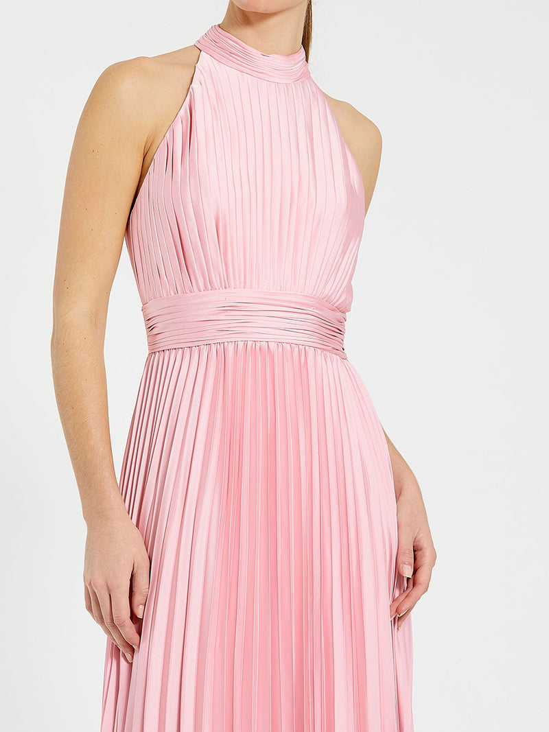 Pink Pleated High Neck Satin Sleeveless Halter Gown