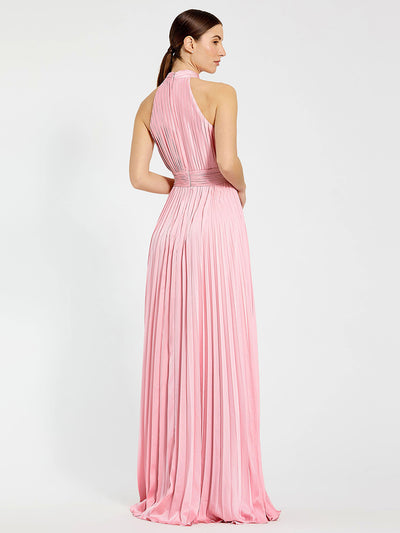 Pink Pleated High Neck Satin Sleeveless Halter Gown