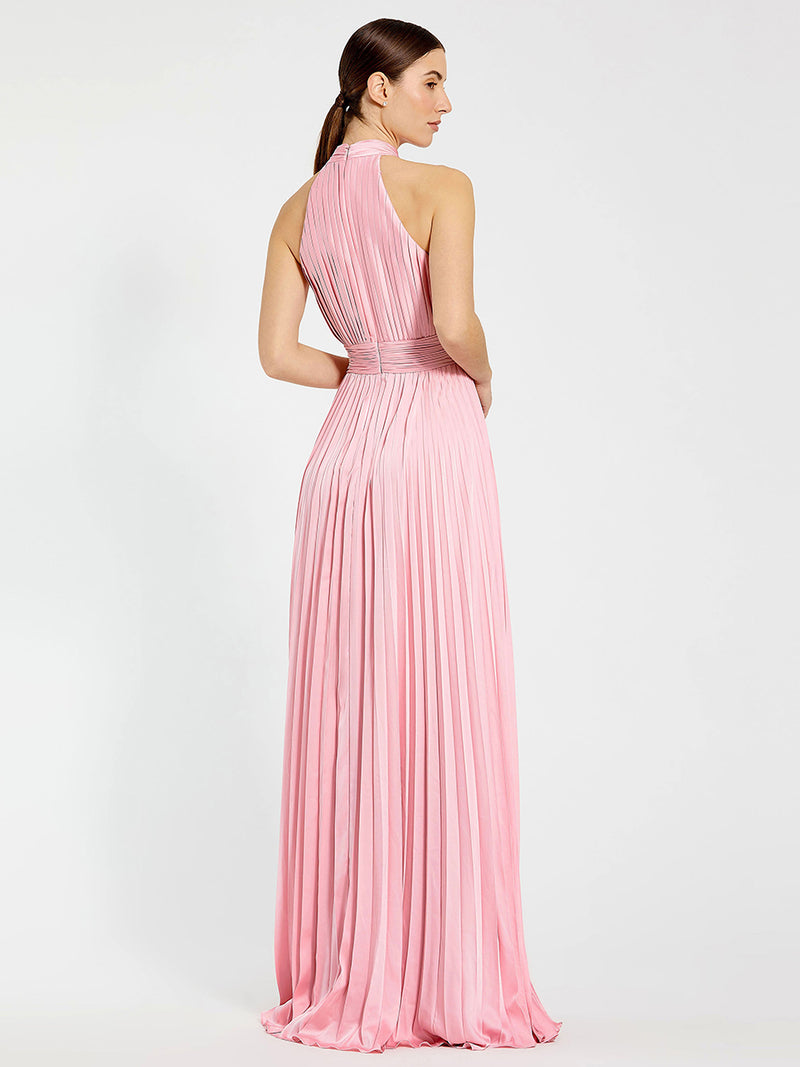 Pink Pleated High Neck Satin Sleeveless Halter Gown