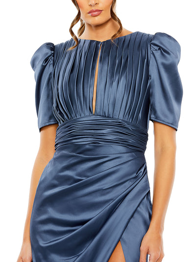 Blue Puff Sleeve Pleated Bodice Draped Gown