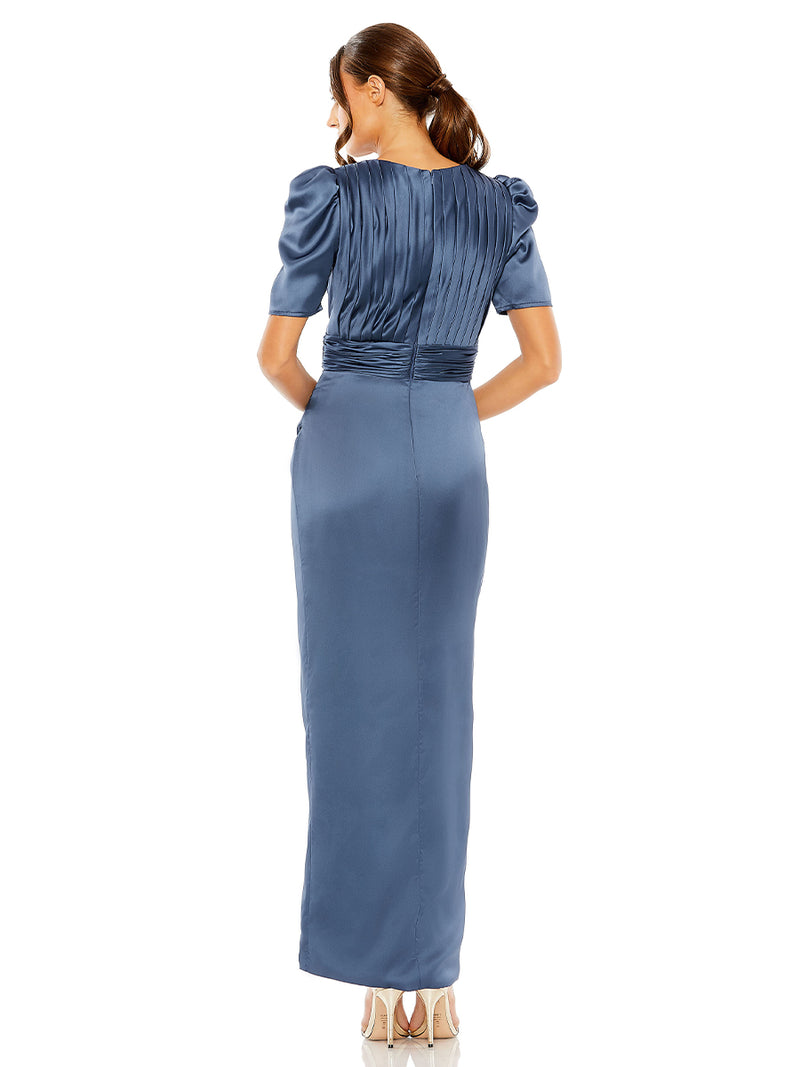 Blue Puff Sleeve Pleated Bodice Draped Gown
