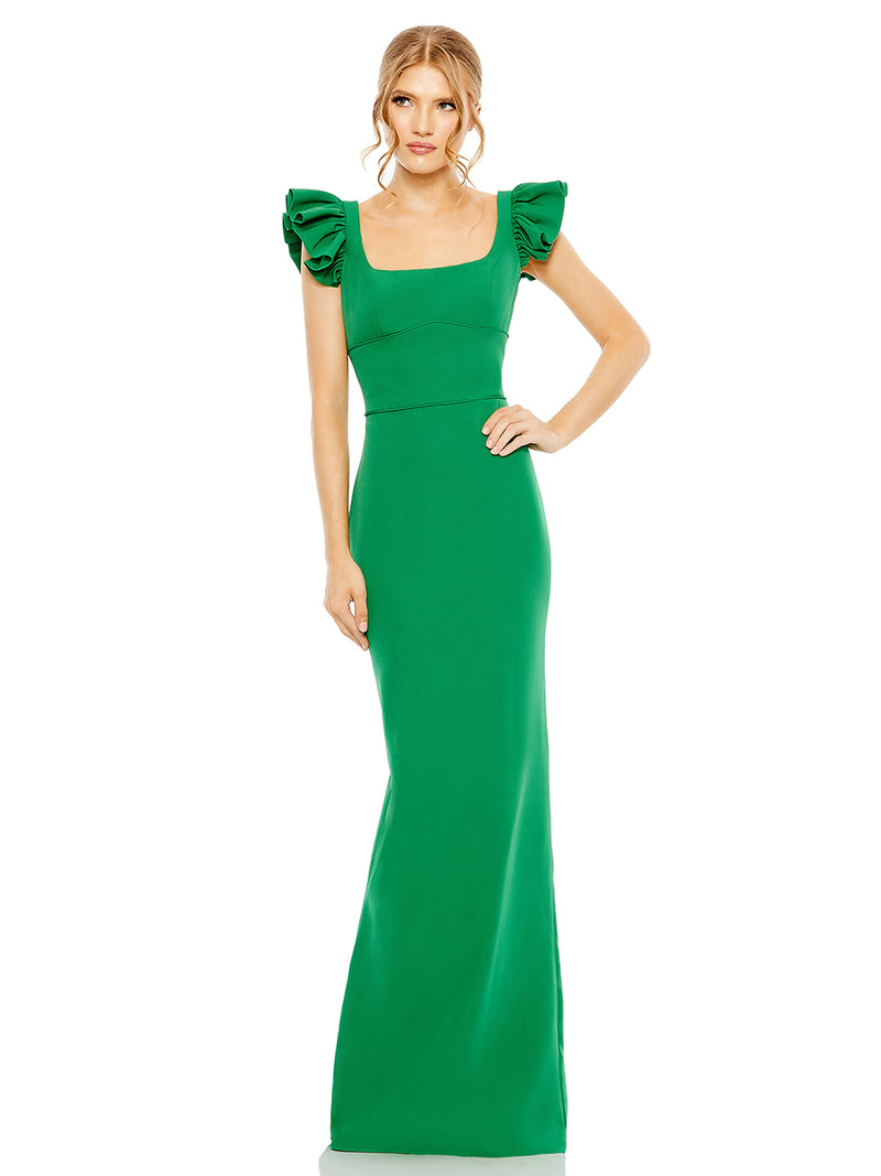 Green Ruffle Cap Sleeve Open Back Column Gown