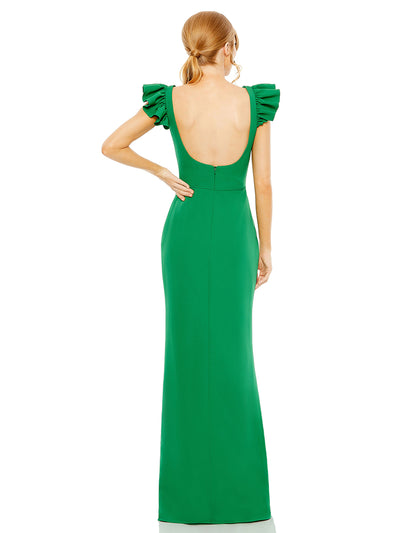 Green Ruffle Cap Sleeve Open Back Column Gown
