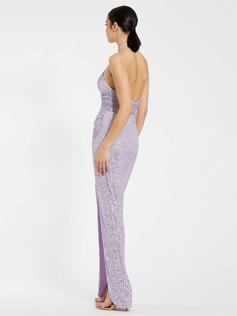 Purple Halter Neck Ruched Side Front Slit Sequin Gown