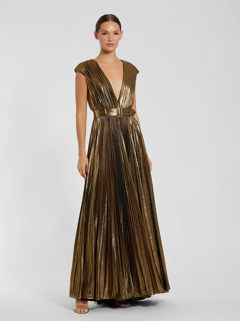 Gold Pleated Metallic Jersey Gown With Belt