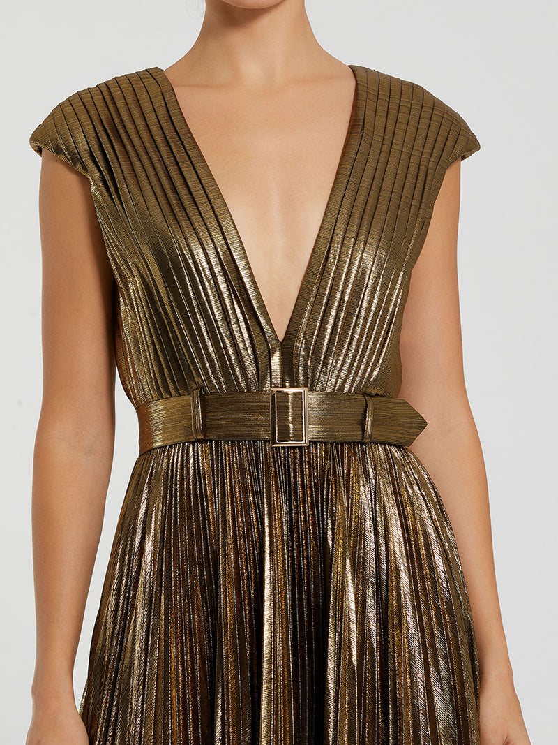Gold Pleated Metallic Jersey Gown With Belt