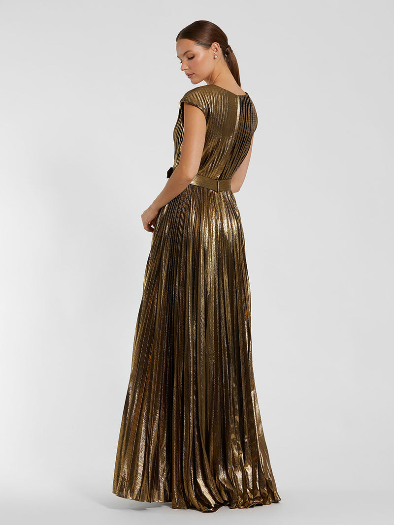 Gold Pleated Metallic Jersey Gown With Belt