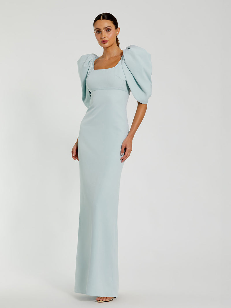 Fitted Crepe Square Neck Gown With Puff Sleeves