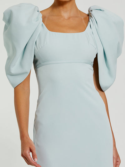 Fitted Crepe Square Neck Gown With Puff Sleeves