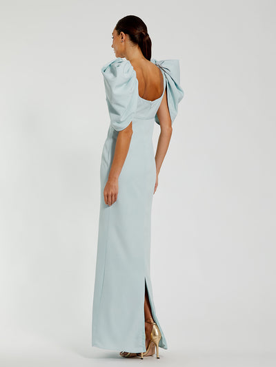Fitted Crepe Square Neck Gown With Puff Sleeves