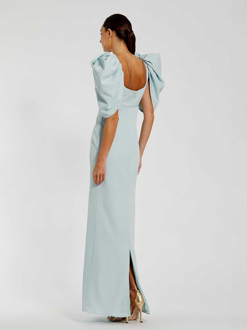 Fitted Crepe Square Neck Gown With Puff Sleeves