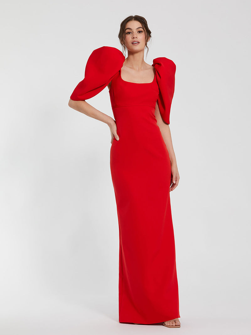 Fitted Crepe Square Neck Gown With Puff Sleeves