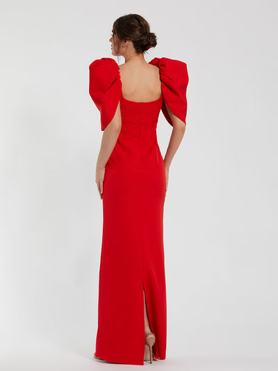 Fitted Crepe Square Neck Gown With Puff Sleeves