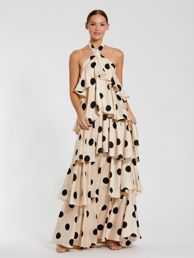 Beige Tiered Ruffle Polka Dot Charmeuse Gown
