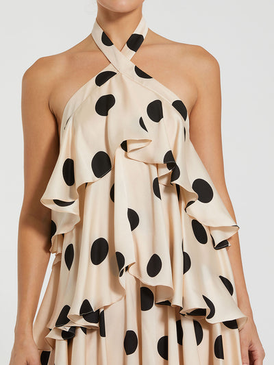 Beige Tiered Ruffle Polka Dot Charmeuse Gown