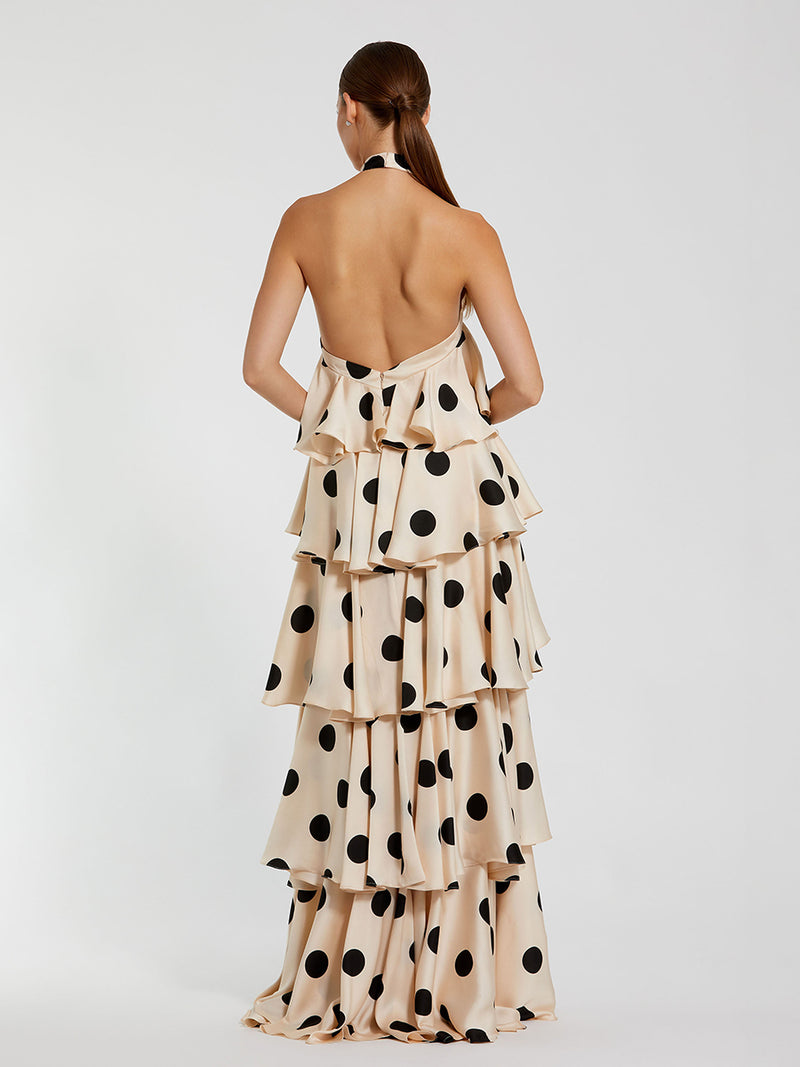 Beige Tiered Ruffle Polka Dot Charmeuse Gown