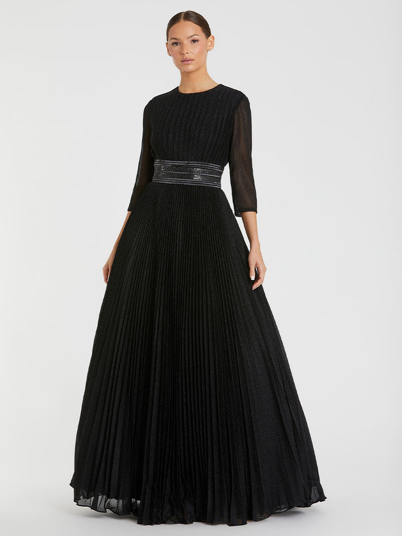 Shimmering Pleated A-Line 3/4 Sleeve Gown
