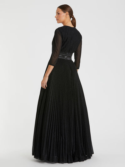 Shimmering Pleated A-Line 3/4 Sleeve Gown