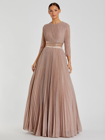 Shimmering Pleated A-Line 3/4 Sleeve Gown