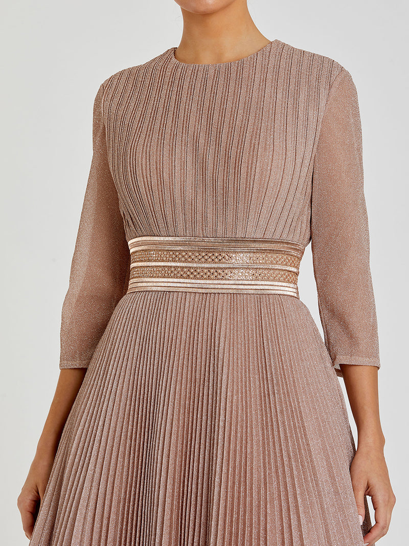 Shimmering Pleated A-Line 3/4 Sleeve Gown