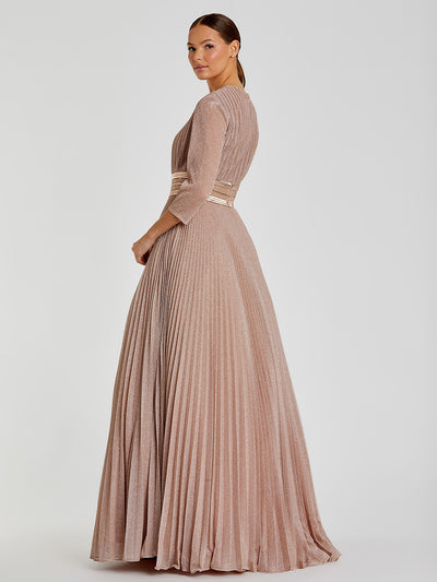 Shimmering Pleated A-Line 3/4 Sleeve Gown