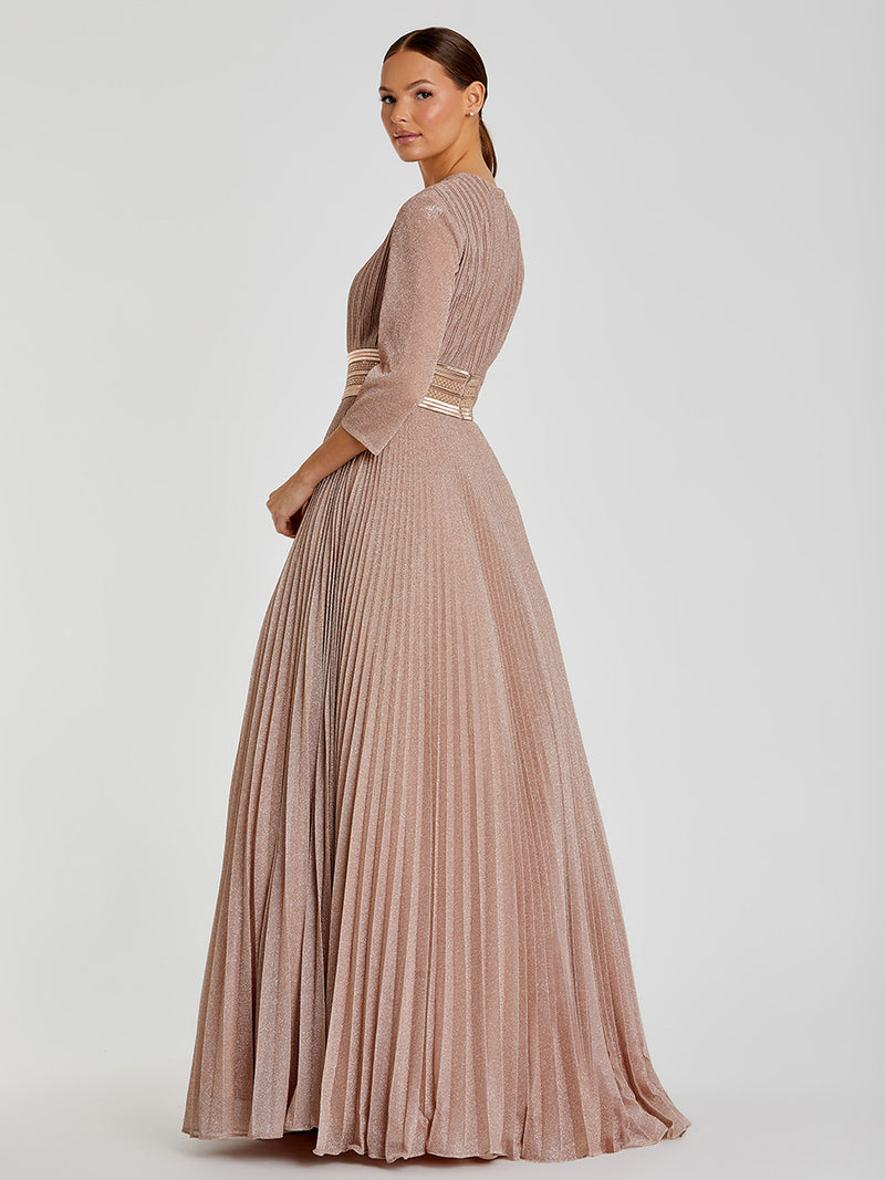 Shimmering Pleated A-Line 3/4 Sleeve Gown