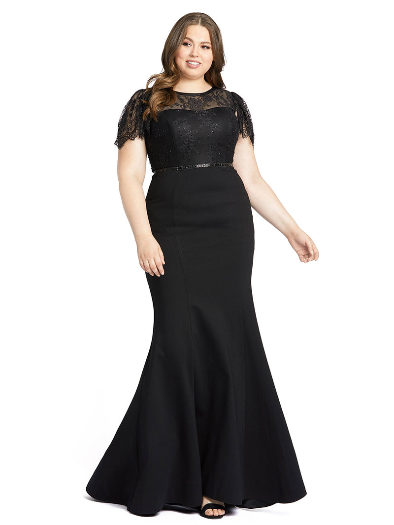 Lace Illusion High Neck Cap Sleeve Gown