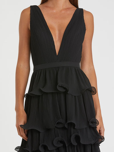 Black Sleeveless Ruffle Tiered V Neck Gown
