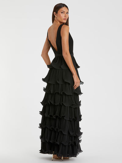 Black Sleeveless Ruffle Tiered V Neck Gown