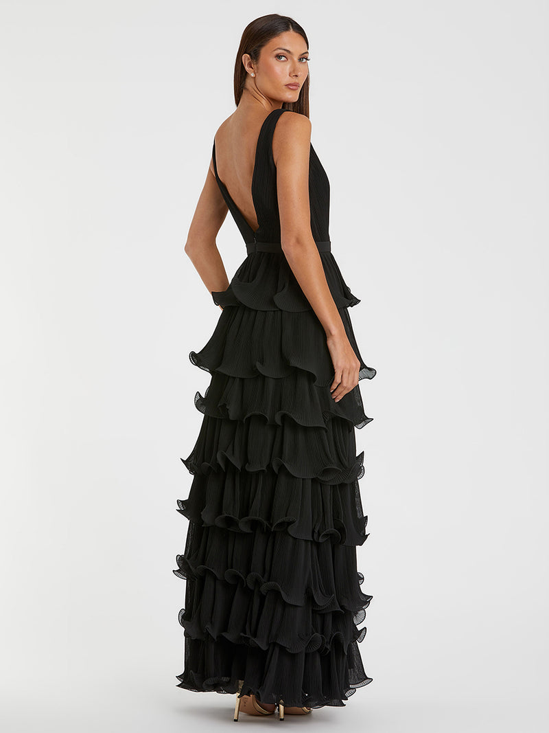 Black Sleeveless Ruffle Tiered V Neck Gown