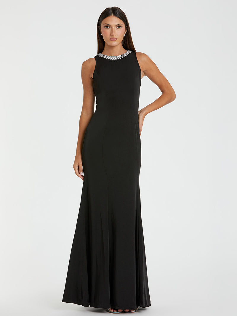 Black Embellished Neck Trumpet Gown