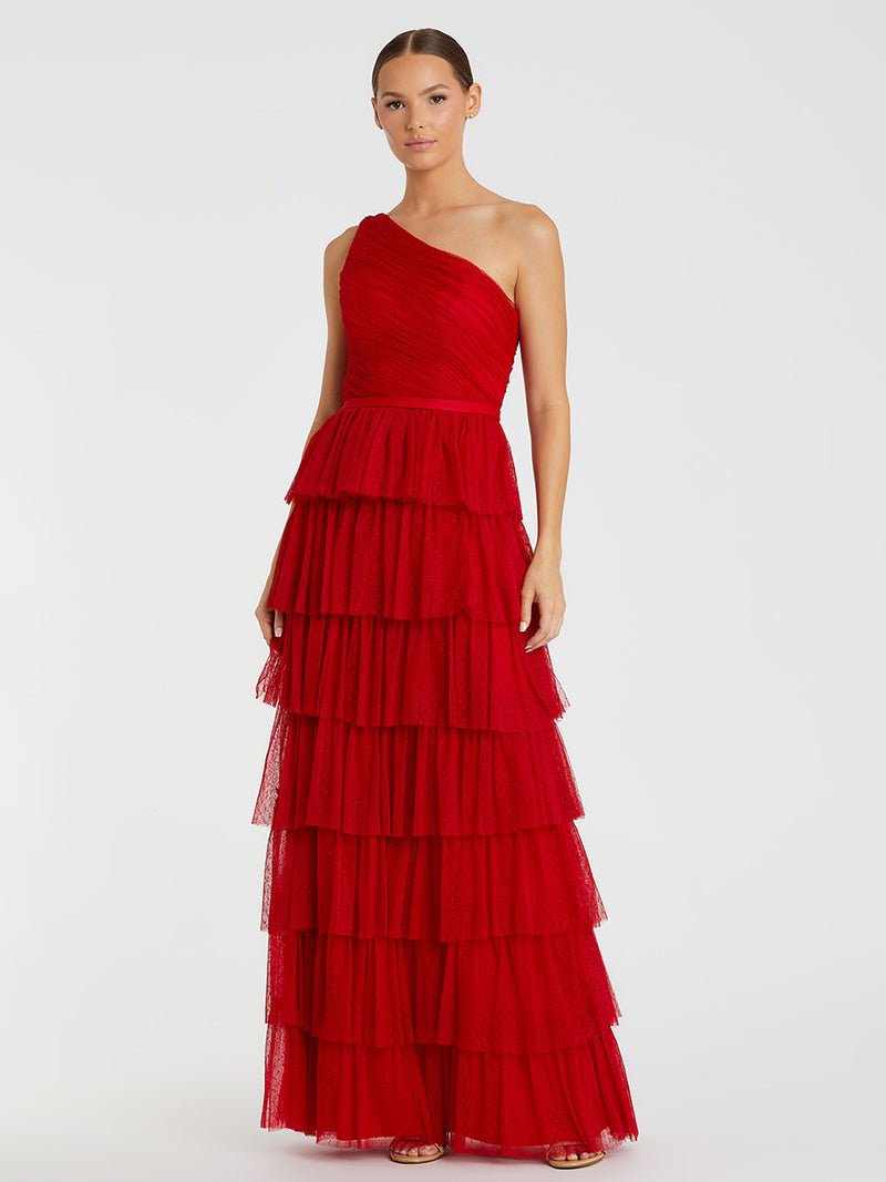 Red One Shoulder Layered Tiered Tulle Gown