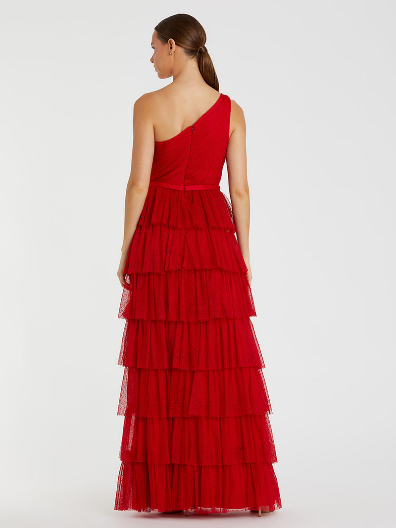 Red One Shoulder Layered Tiered Tulle Gown