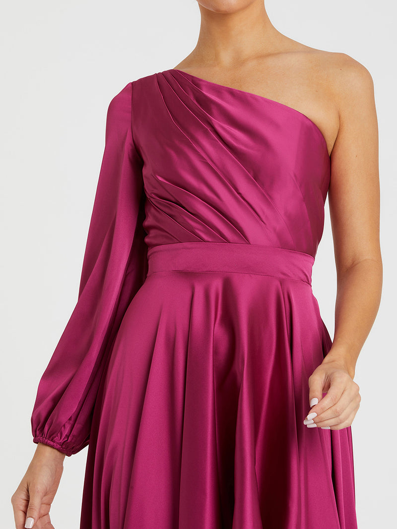 Purple Long Sleeve One Shoulder Satin High Low A-line Gown