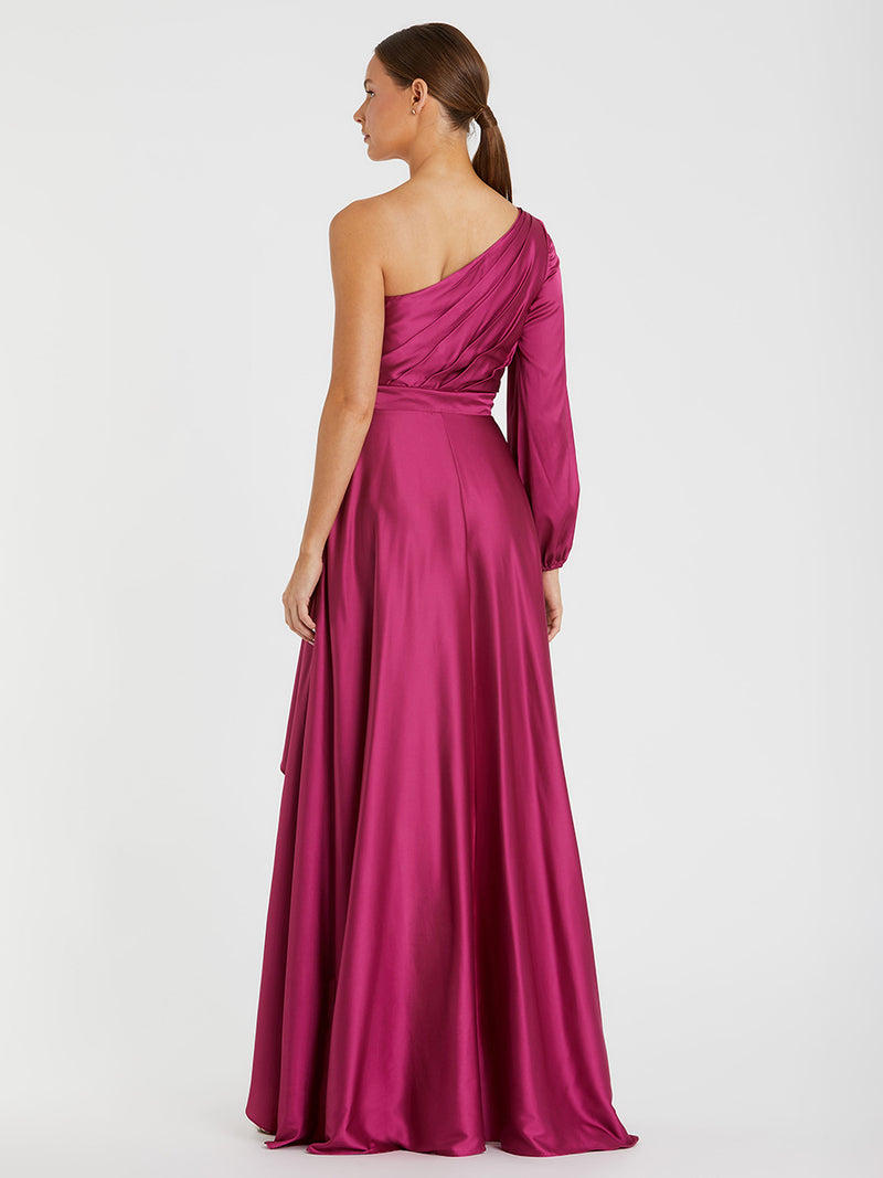 Purple Long Sleeve One Shoulder Satin High Low A-line Gown