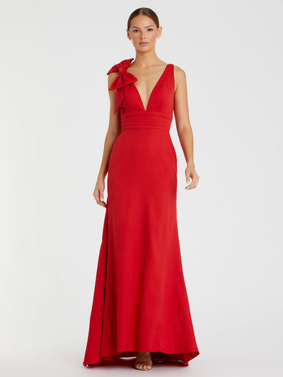 Sleeveless V Neck Bow Detail Mermaid Gown