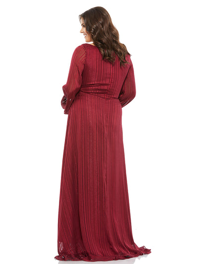 Striped Faux Wrap Bishop Sleeve Gown