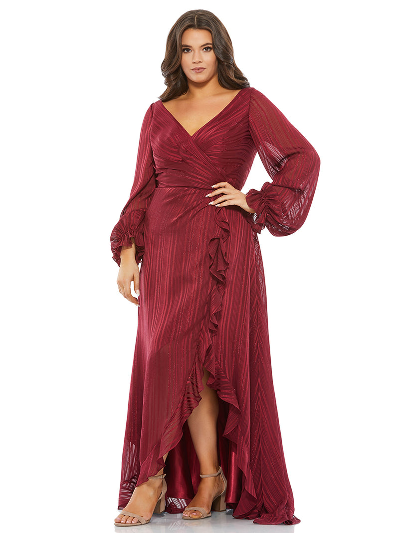 Striped Faux Wrap Bishop Sleeve Gown