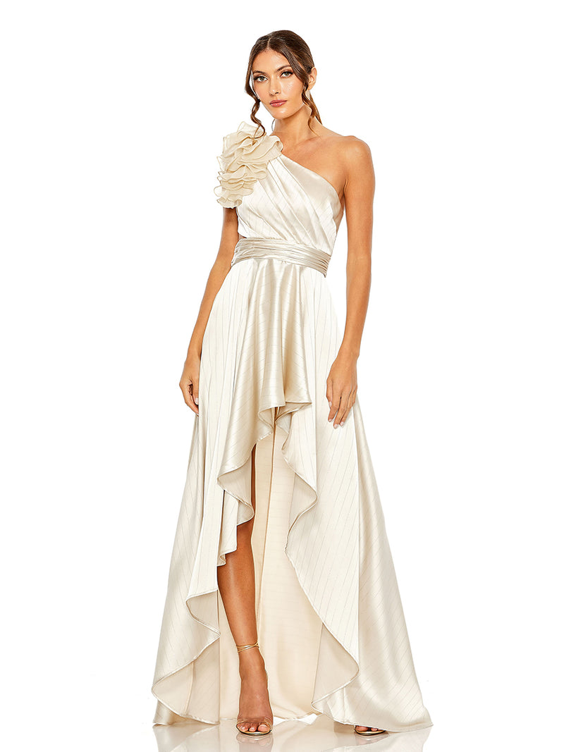 Pink Ruffled One Shoulder Cut Out Hi-Low Gown