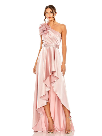 Pink Ruffled One Shoulder Cut Out Hi-Low Gown