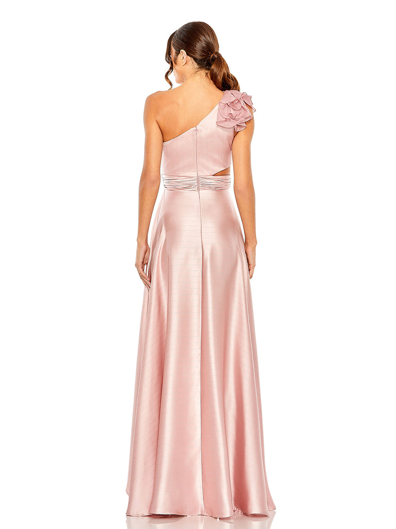 Pink Ruffled One Shoulder Cut Out Hi-Low Gown