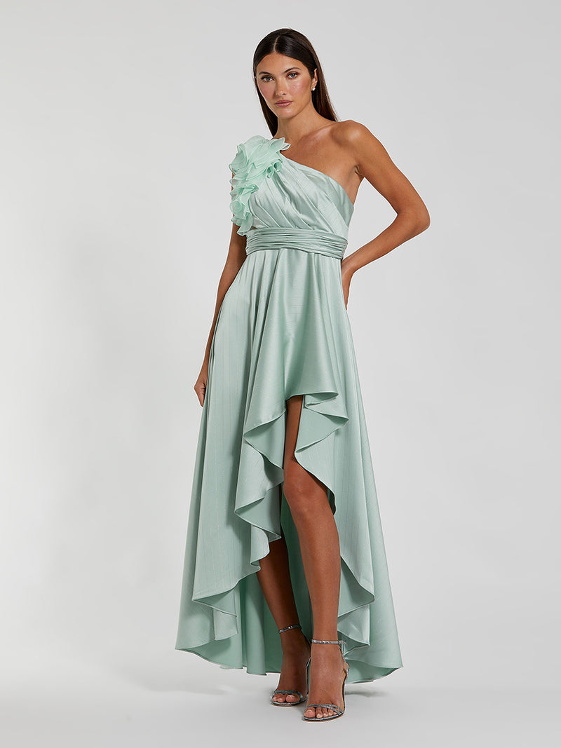 Pink Ruffled One Shoulder Cut Out Hi-Low Gown