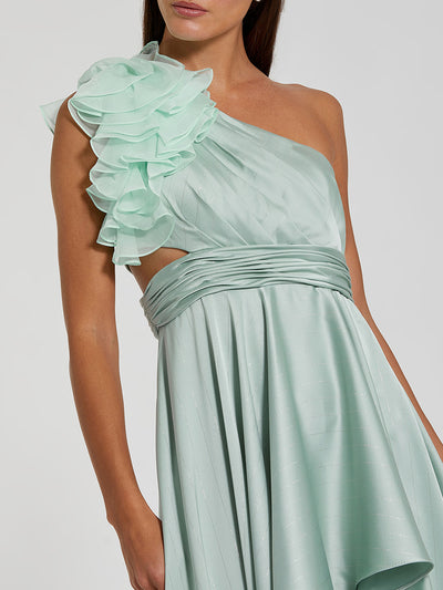 Pink Ruffled One Shoulder Cut Out Hi-Low Gown