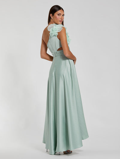 Pink Ruffled One Shoulder Cut Out Hi-Low Gown
