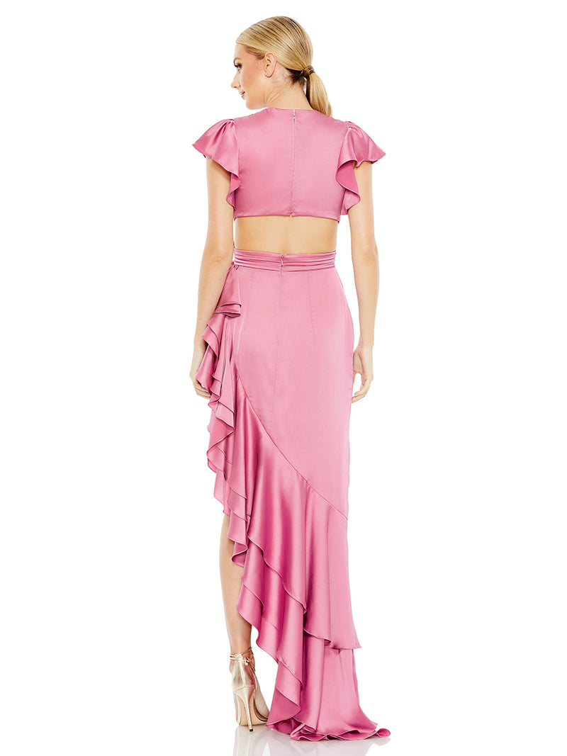 Pink Flutter Sleeve Cut Out Asymmetrical Ruffled Gown