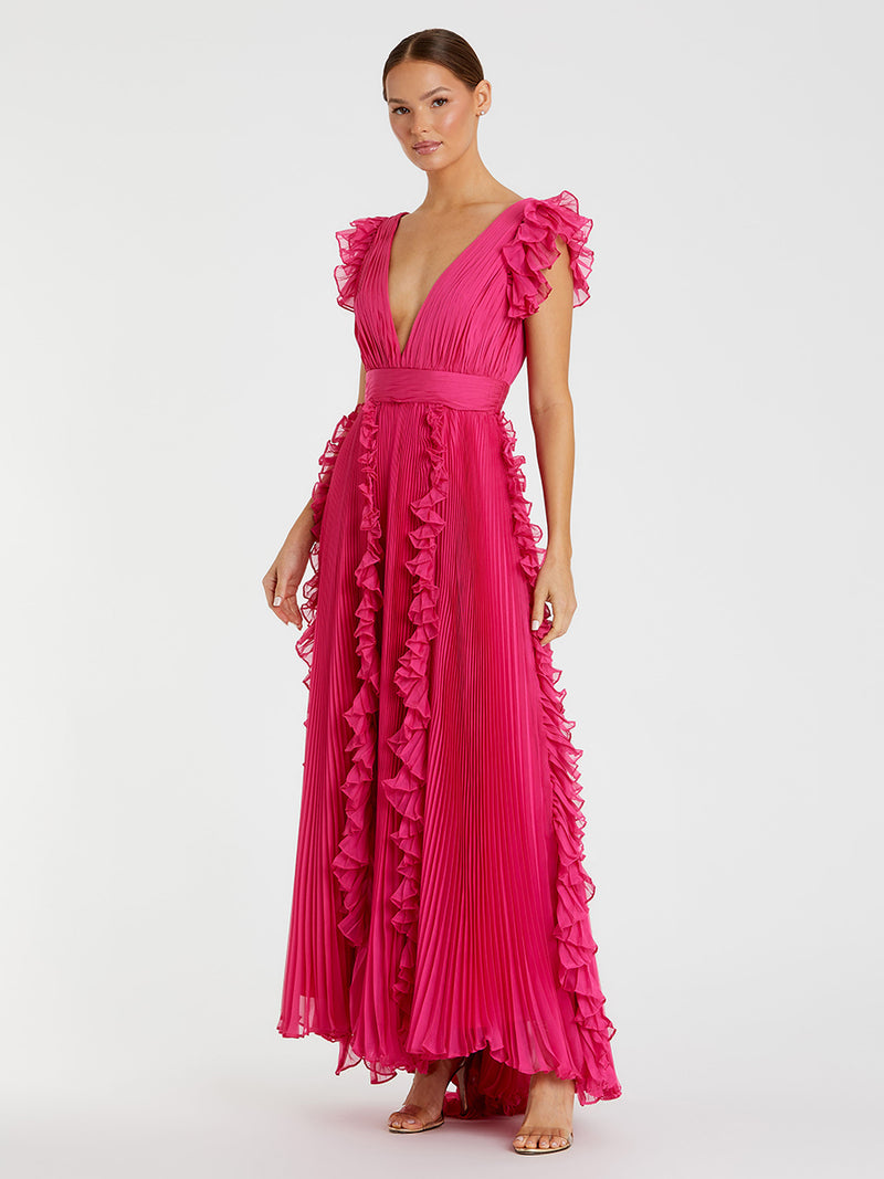 Pleated Ruffle Cap Sleeve Flowy A Line Gown