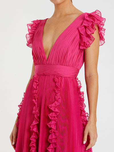 Pleated Ruffle Cap Sleeve Flowy A Line Gown