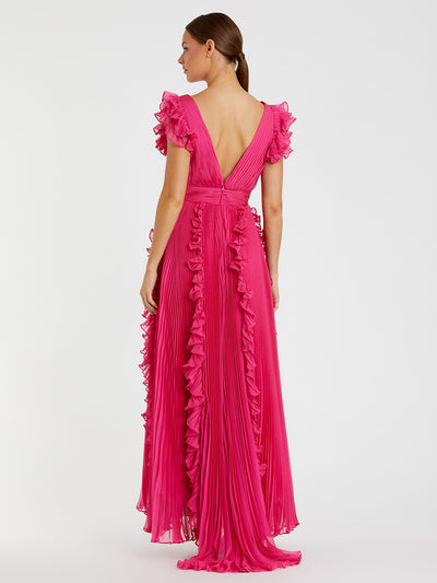 Pleated Ruffle Cap Sleeve Flowy A Line Gown