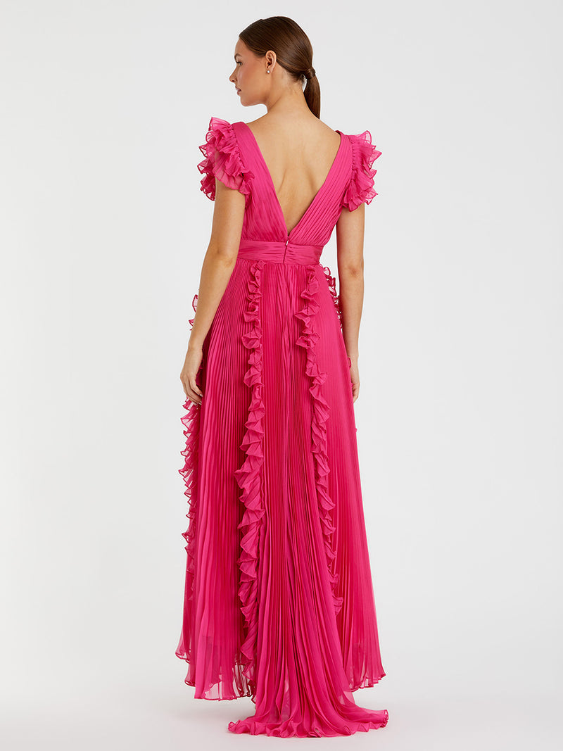 Pleated Ruffle Cap Sleeve Flowy A Line Gown