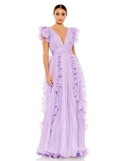 Pleated Ruffle Cap Sleeve Flowy A Line Gown